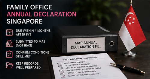 Binder labeled MAS annual declaration file with checklist and Singapore flag on desk
