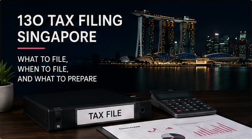 Singapore skyline with tax file binder, calculator and documents for 130 company tax filing