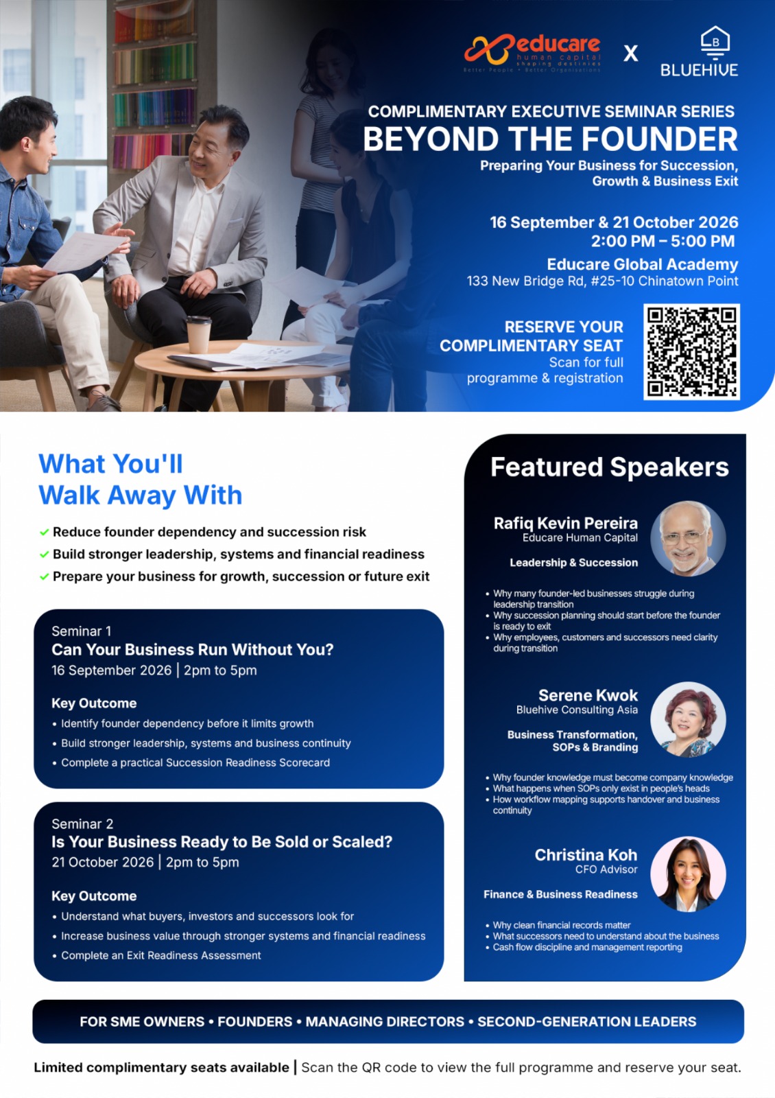 Beyond the Founder SME succession seminar in Singapore featuring Rafiq Kevin Pereira, Serene Kwok and Christina Koh